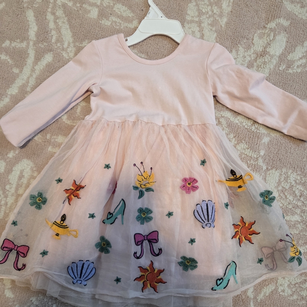 Pink Tulle Dress with Embroidered Disney Motifs